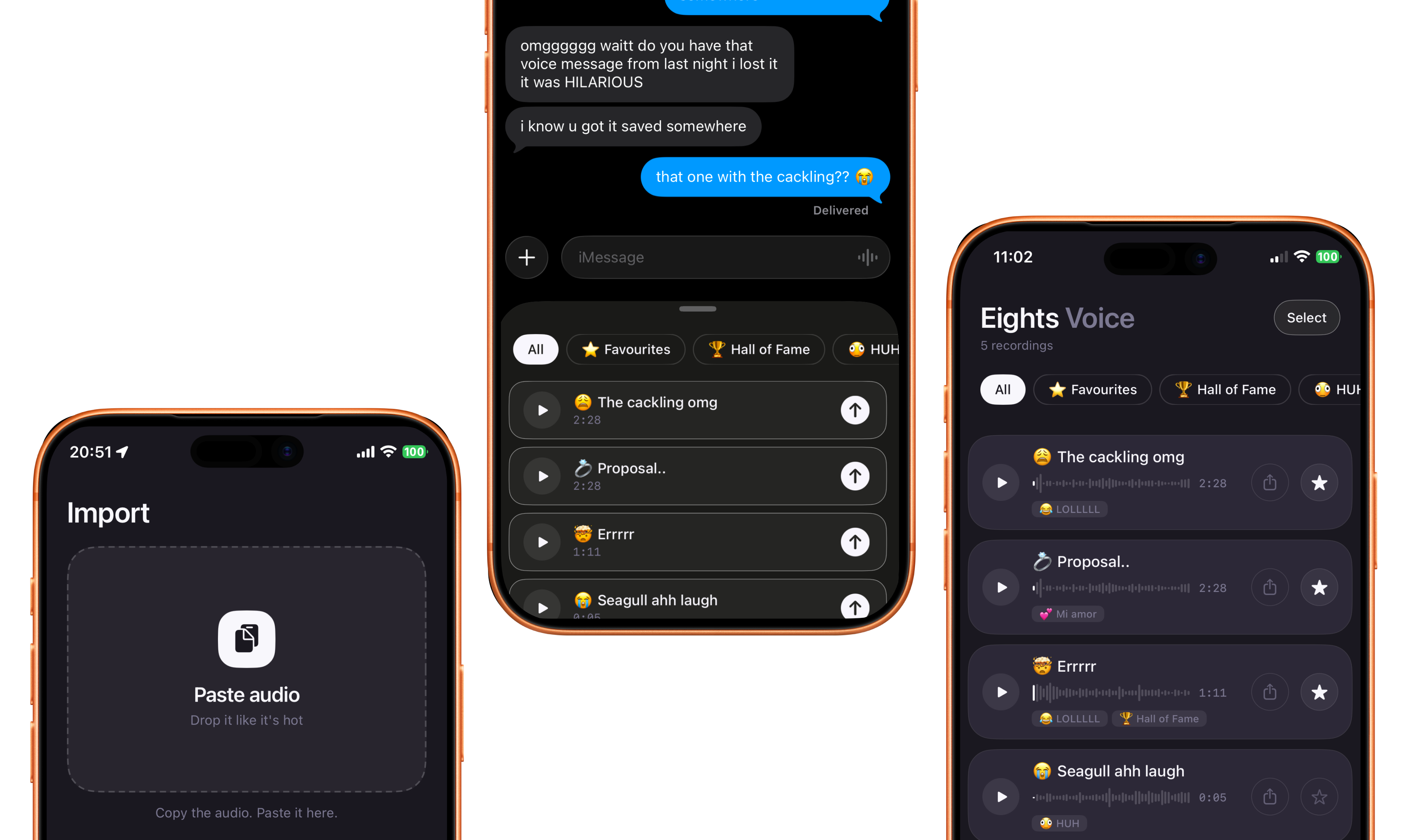 8s Voice app screens: importing a voice note, an iMessage thread, and the saved voice note library